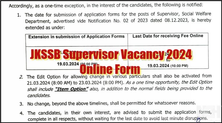 JKSSB Supervisor Vacancy 2024 Extension in Last Date for Submission of Online Form